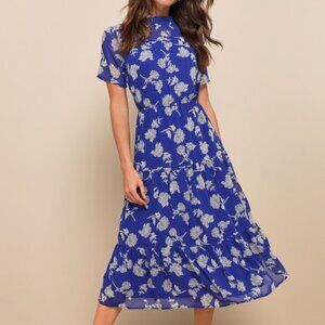 Lulus Floral Dressed Up Royal Blue Floral Print Midi Dress - Size L